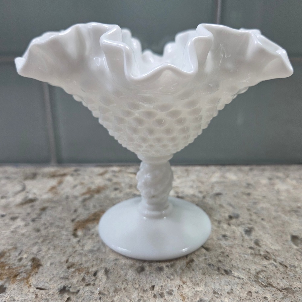 Milk Glass Compote Dish Ruffled Edge Hobnail Candy Bowl Vintage Table Decor